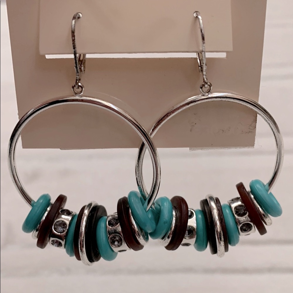 Elegant Silver Turquoise & Brown Hoop Earrings